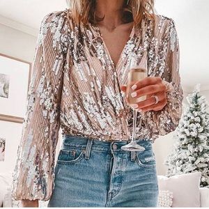 ASTR the label - Primadonna sequined long sleeve low cut top